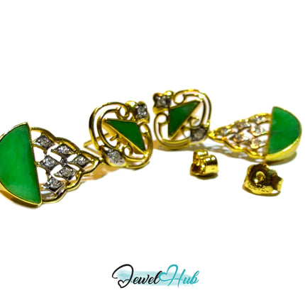 18k (750) Solid Yellow Gold mounted mixed diamond and jade drop earrings JH
