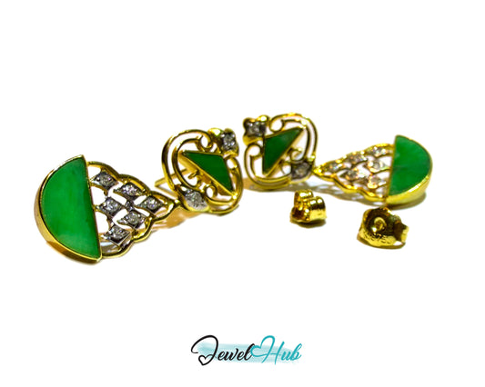 18k (750) Solid Yellow Gold mounted mixed diamond and jade drop earrings