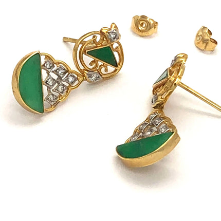 18k (750) Solid Yellow Gold mounted mixed diamond and jade drop earrings JH