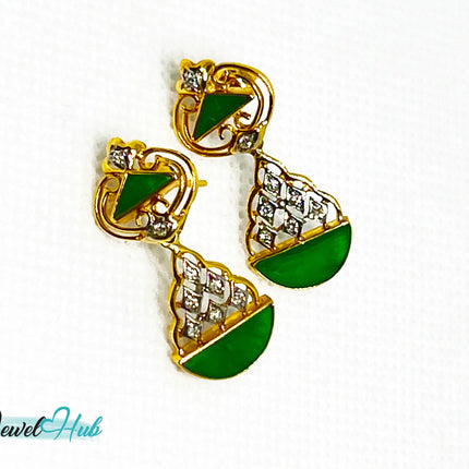 18k (750) Solid Yellow Gold mounted mixed diamond and jade drop earrings JH