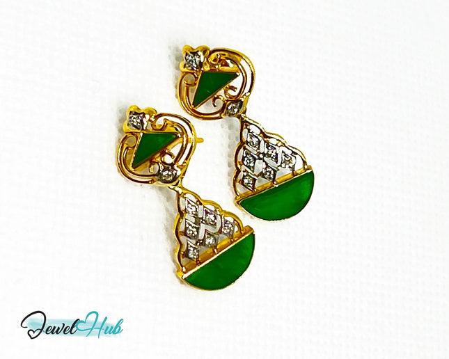 18k (750) Solid Yellow Gold mounted mixed diamond and jade drop earrings JH