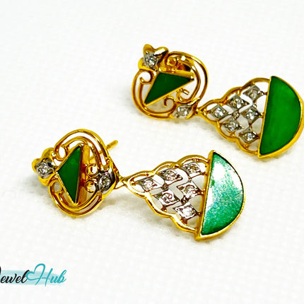 18k (750) Solid Yellow Gold mounted mixed diamond and jade drop earrings JH
