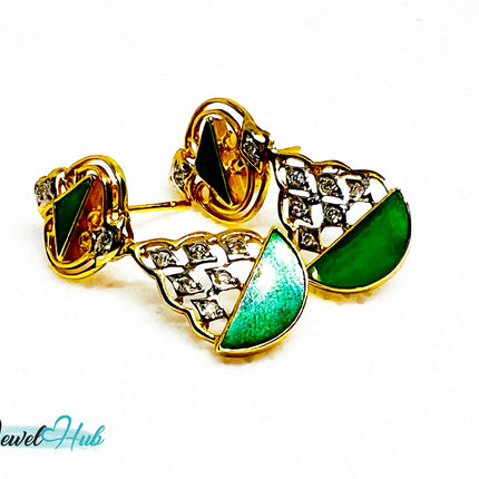 18k (750) Solid Yellow Gold mounted mixed diamond and jade drop earrings JH