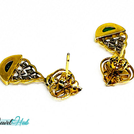 18k (750) Solid Yellow Gold mounted mixed diamond and jade drop earrings JH