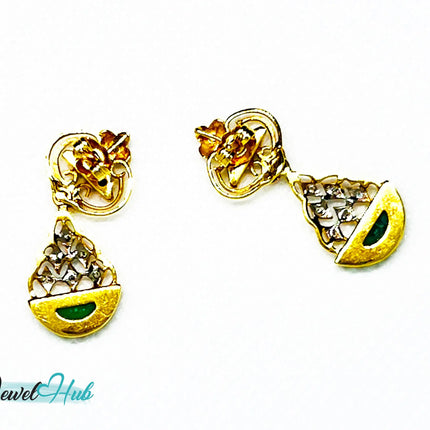 18k (750) Solid Yellow Gold mounted mixed diamond and jade drop earrings JH