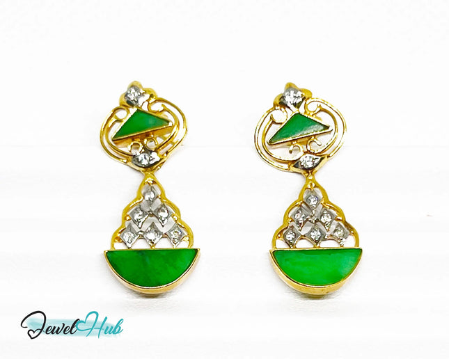 18k (750) Solid Yellow Gold mounted mixed diamond and jade drop earrings JH