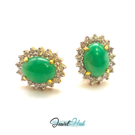 18k (750) Solid Yellow Gold high quality jade earrings surrounded with diamonds JH