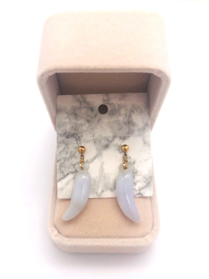 14k (585) Solid Yellow Gold lucky fruit shape long drop purple jade earrings