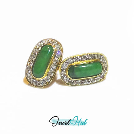 18k (750) Solid Yellow Gold high quality Curved Rectangle Emerald Green Jade Earrings surrounded with diamonds JH