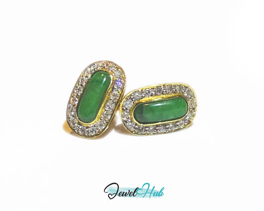 18k (750) Solid Yellow Gold high quality Curved Rectangle Emerald Green Jade Earrings surrounded with diamonds