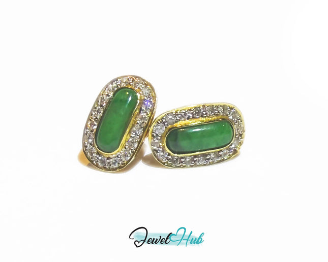 18k (750) Solid Yellow Gold high quality Curved Rectangle Emerald Green Jade Earrings surrounded with diamonds JH