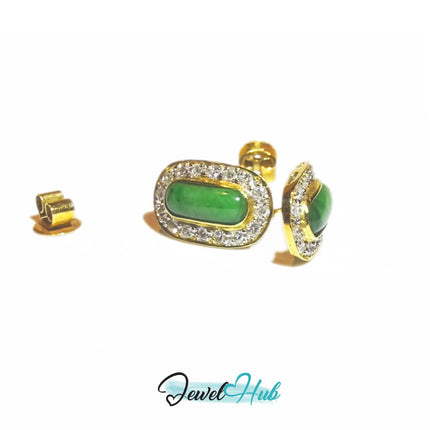 18k (750) Solid Yellow Gold high quality Curved Rectangle Emerald Green Jade Earrings surrounded with diamonds JH