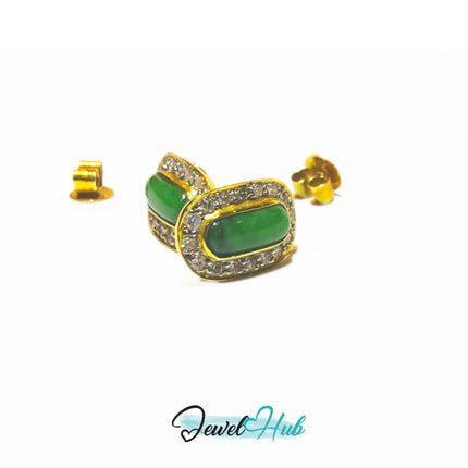 18k (750) Solid Yellow Gold high quality Curved Rectangle Emerald Green Jade Earrings surrounded with diamonds JH