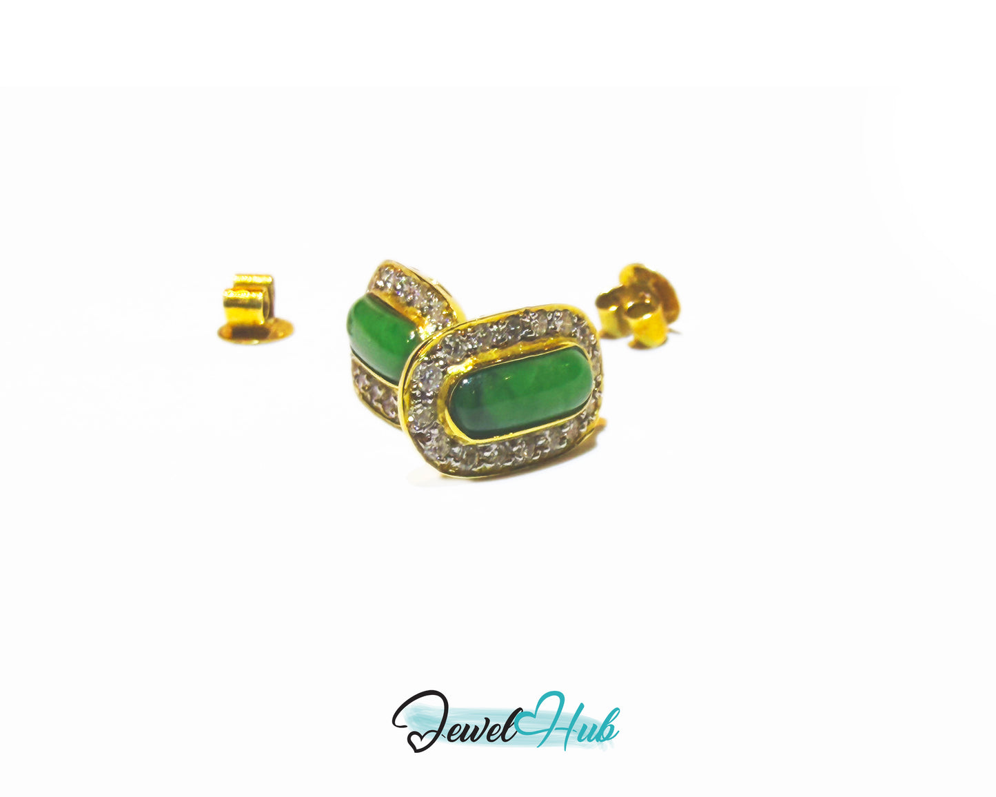 18k (750) Solid Yellow Gold high quality Curved Rectangle Emerald Green Jade Earrings surrounded with diamonds