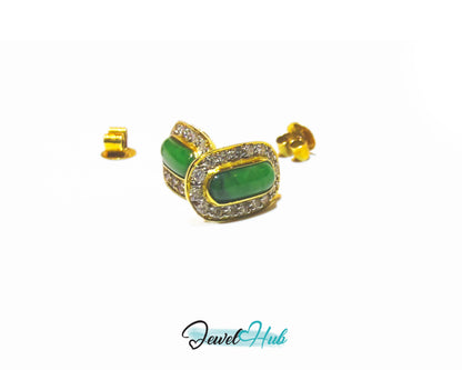 18k (750) Solid Yellow Gold high quality Curved Rectangle Emerald Green Jade Earrings surrounded with diamonds