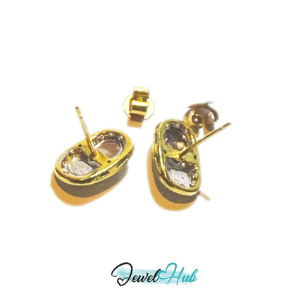 18k (750) Solid Yellow Gold high quality Curved Rectangle Emerald Green Jade Earrings surrounded with diamonds JH