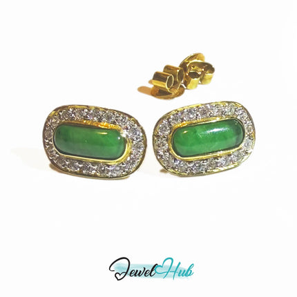 18k (750) Solid Yellow Gold high quality Curved Rectangle Emerald Green Jade Earrings surrounded with diamonds JH