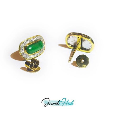 18k (750) Solid Yellow Gold high quality Curved Rectangle Emerald Green Jade Earrings surrounded with diamonds JH
