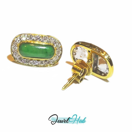18k (750) Solid Yellow Gold high quality Curved Rectangle Emerald Green Jade Earrings surrounded with diamonds JH