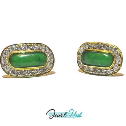 18k (750) Solid Yellow Gold high quality Curved Rectangle Emerald Green Jade Earrings surrounded with diamonds JH