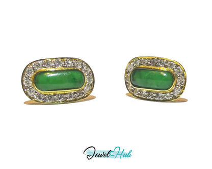 18k (750) Solid Yellow Gold high quality Curved Rectangle Emerald Green Jade Earrings surrounded with diamonds