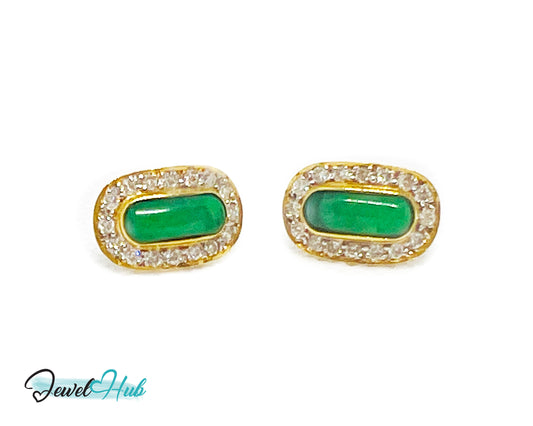 18k (750) Solid Yellow Gold high quality Curved Rectangle Emerald Green Jade Earrings surrounded with diamonds