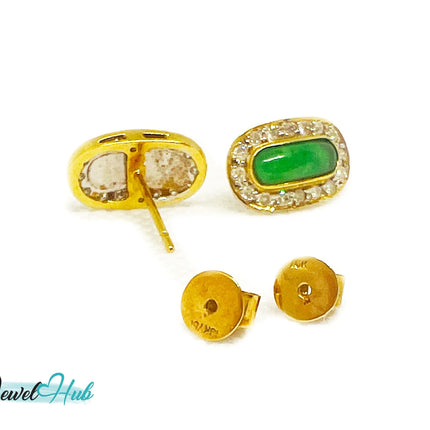 18k (750) Solid Yellow Gold high quality Curved Rectangle Emerald Green Jade Earrings surrounded with diamonds JH