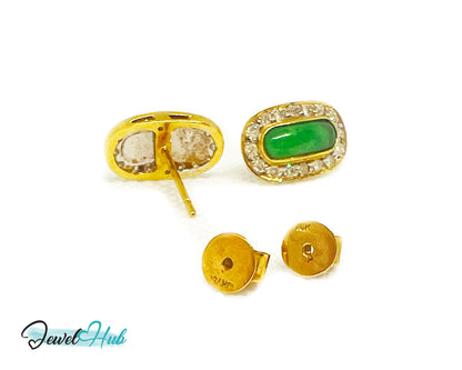 18k (750) Solid Yellow Gold high quality Curved Rectangle Emerald Green Jade Earrings surrounded with diamonds