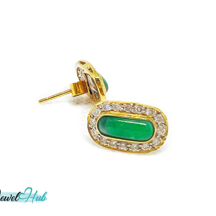 18k (750) Solid Yellow Gold high quality Curved Rectangle Emerald Green Jade Earrings surrounded with diamonds JH