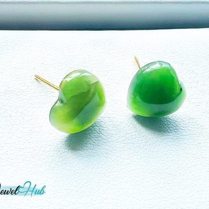 14k (585) Yellow Solid Gold Heart-Shaped Jade Stud Earrings JH
