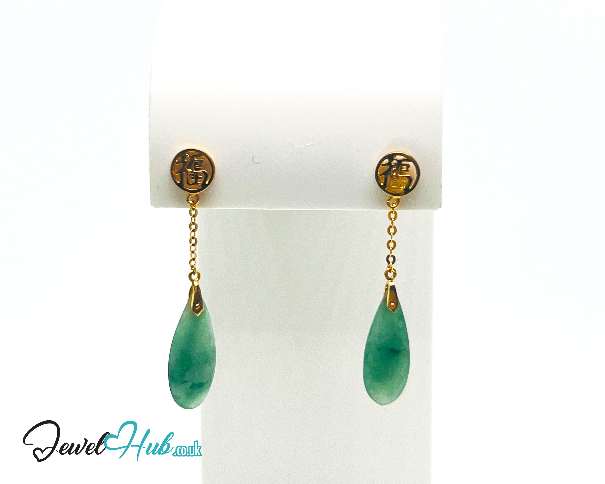 14k gold jade drop earrings with fu blessing disc and green jade teardrop - JewelHub