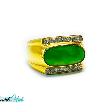 18k Gold Jade & Diamond Ring - Hallmarked (750) | UK R US 9 | Oval Jade & 0.48ct Diamonds JH