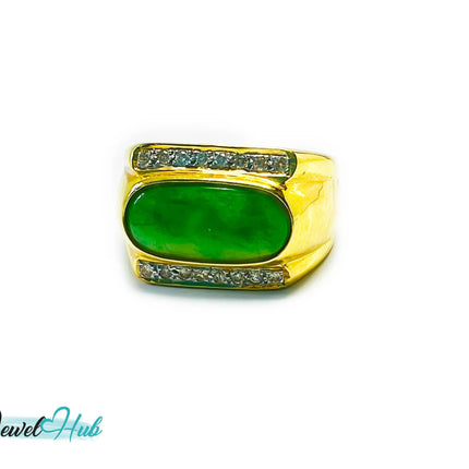 18k Gold Jade & Diamond Ring - Hallmarked (750) | UK R US 9 | Oval Jade & 0.48ct Diamonds JH