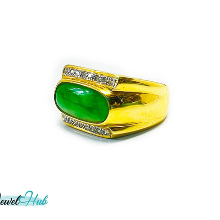 18k Gold Jade & Diamond Ring - Hallmarked (750) | UK R US 9 | Oval Jade & 0.48ct Diamonds JH