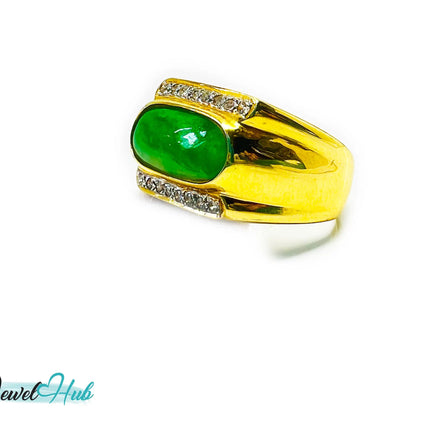 18k Gold Jade & Diamond Ring - Hallmarked (750) | UK R US 9 | Oval Jade & 0.48ct Diamonds JH
