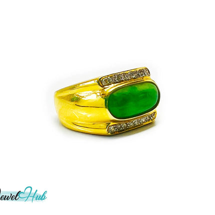 18k Gold Jade & Diamond Ring - Hallmarked (750) | UK R US 9 | Oval Jade & 0.48ct Diamonds JH