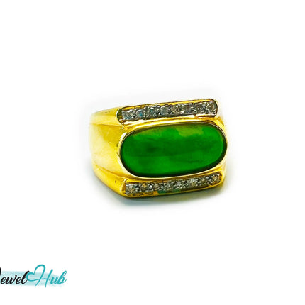 18k Gold Jade & Diamond Ring - Hallmarked (750) | UK R US 9 | Oval Jade & 0.48ct Diamonds JH