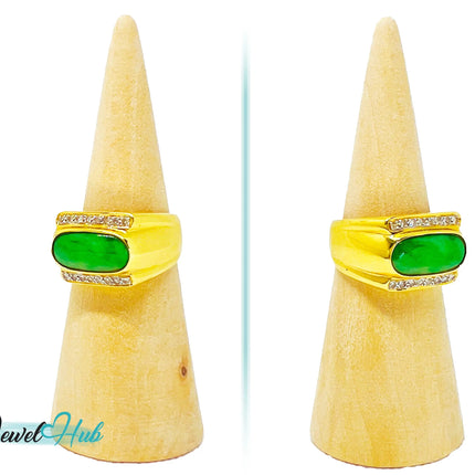 18k Gold Jade & Diamond Ring - Hallmarked (750) | UK R US 9 | Oval Jade & 0.48ct Diamonds JH