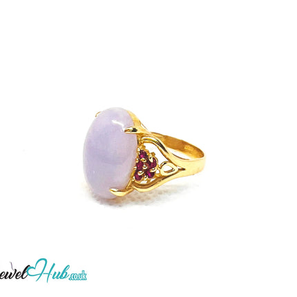 14K Gold Purple Jade & Ruby Crown Ring - Hallmarked (585)| UK P US 8 | Regal Stillness in Bloom JH