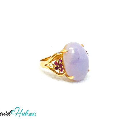 14K Gold Purple Jade & Ruby Crown Ring - Hallmarked (585)| UK P US 8 | Regal Stillness in Bloom JH
