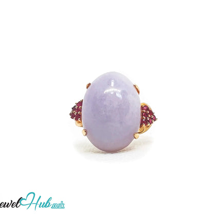 14K Gold Purple Cabochon Jade & Ruby Ring - Hallmarked (585) | UK O US 7.5 | Sovereignty in Bloom JH