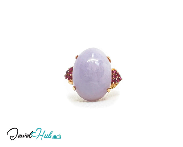 14K Gold Purple Cabochon Jade & Ruby Ring - Hallmarked (585) | UK O US 7.5 | Sovereignty in Bloom JH