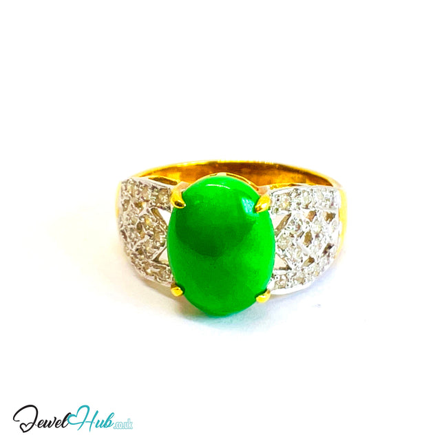 18K Gold Jade & Diamond Ring · 1.85ct Oval Jade · 1.75ct Diamonds · UK O · US 7.5 · Luxe Statement Band - JewelHub
