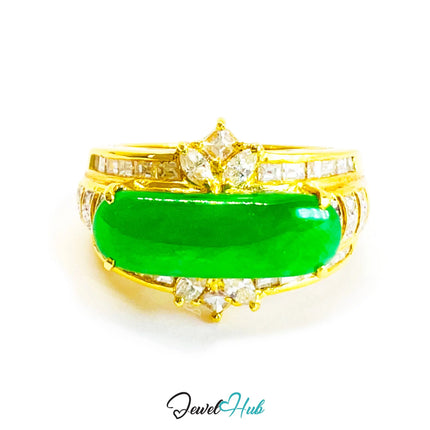 18K Gold Diamond Jade Ring · 2.15ct Oval Jade · 0.32ct Diamonds · UK N · US 6.75 · Luxe Elongated Ban JH