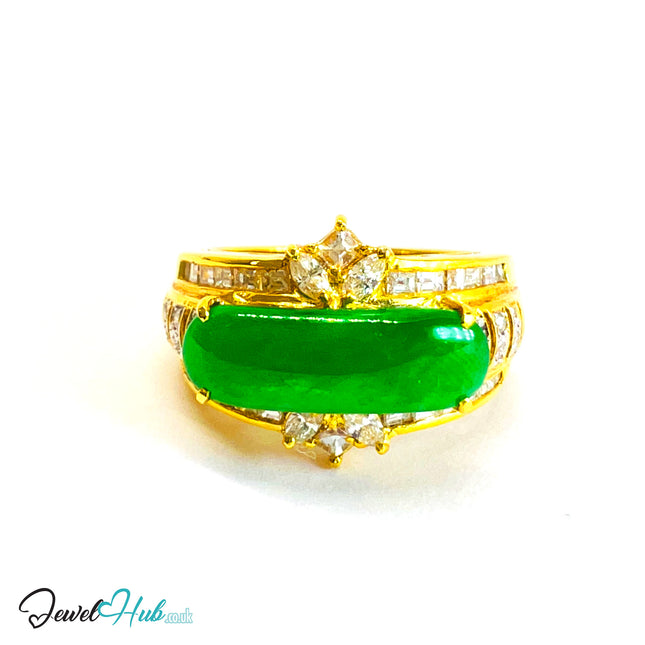 18K Gold Jade & Diamond Ring · 2.15ct Oval Jade · 0.32ct Diamonds · UK N · US 6.75 · Luxe Elongated Ban - JewelHub