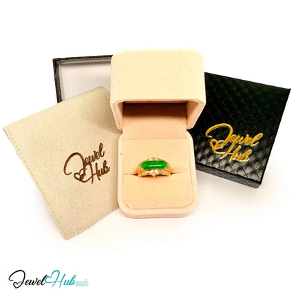 18K Gold Diamond Jade Ring · 2.15ct Oval Jade · 0.32ct Diamonds · UK N · US 6.75 · Luxe Elongated Ban JH