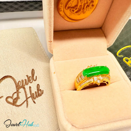 18K Gold Diamond Jade Ring · 2.15ct Oval Jade · 0.32ct Diamonds · UK N · US 6.75 · Luxe Elongated Ban JH