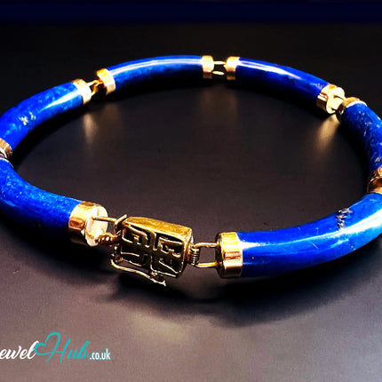 14K Gold Lapis Lazuli Bracelet (Hallmarked) 6 Cylindrical Stones | 9.82g | Hallmarked | Character Clasp | Traditional & Wellness-Inspired JH