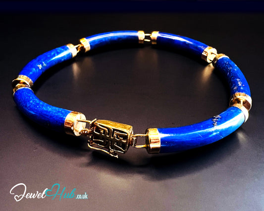 14K Gold Lapis Lazuli Bracelet (Hallmarked) 6 Cylindrical Stones | 9.82g | Hallmarked | Character Clasp | Traditional & Wellness-Inspired
