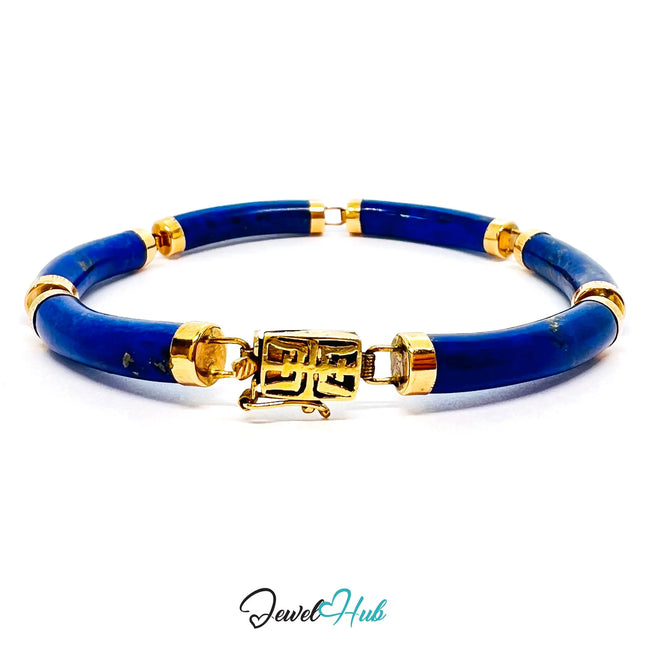14K Gold Lapis Lazuli Bracelet (Hallmarked) 6 Cylindrical Stones | 9.82g | Hallmarked | Traditional & Wellness-Inspired JH